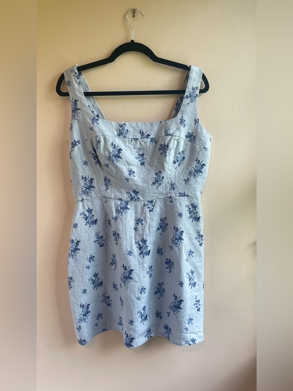Reformation Blue Floral Linen Mini Dress, Smocked Back, Size 12